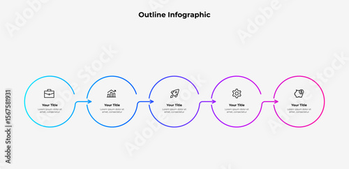 Outline infographic showcasing a timeline progression using connected circles, each containing unique icons. Suitable for illustrating processes, workflows, or step-by-step concepts in projects