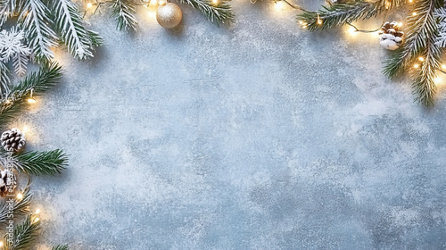 Frosted Pine Branches with Warm Christmas Lights Framing a Blue Winter Background with Copy Space for Holiday Text or Design