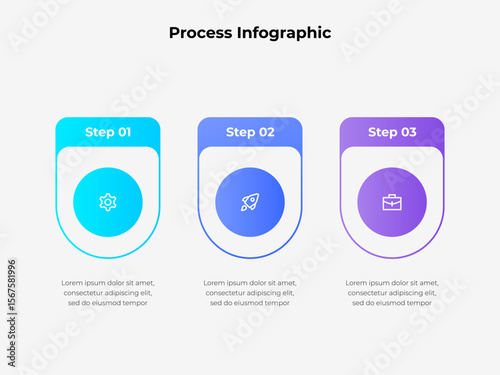 Modern Process Infographic with Three Sequentially Highlighted Steps. Suitable for explanations, presentations, or business strategies