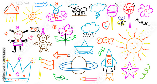 kid's colorful hand drawn drawings pattern, cute school sketches, flowers, house, butterflies, boat, planet, rocket and more. Creative children's hand drawing of a toddler.