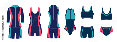 Vector set of closed sports women swimsuits. Collection of sports wetsuits for swimming pools, cycling competitions and gymnastics. Flat illustrations for icons, postcards