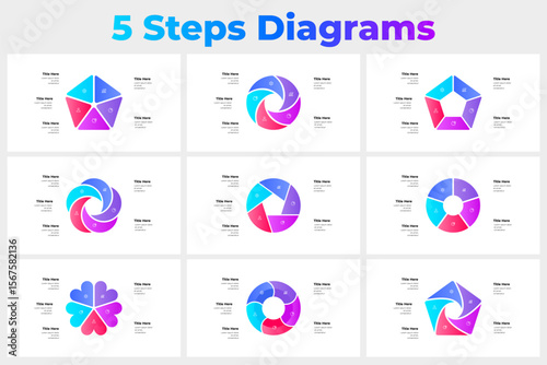 Set of cycle five step diagrams, ideal for business plans, process workflow, or educational purposes. Provides eye-catching visuals and text placeholders for professional presentations or outlines
