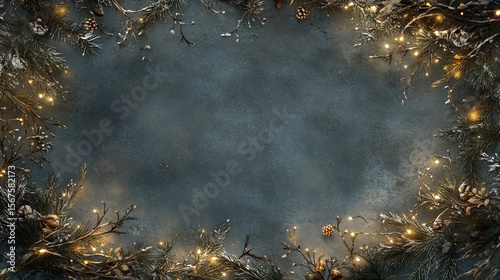 Frosted Pine Branches with Warm Christmas Lights Framing a Blue Winter Background with Copy Space for Holiday Text or Design