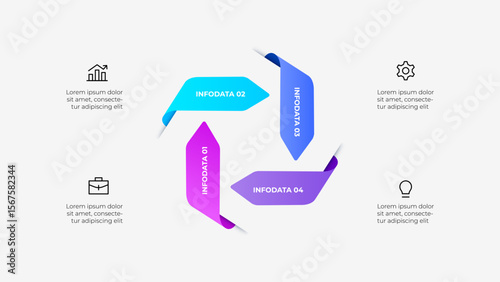 Cycle infographic diagram with 4 arrows connected to business icons. Represents data visualization, business planning, and workflow concepts effectively