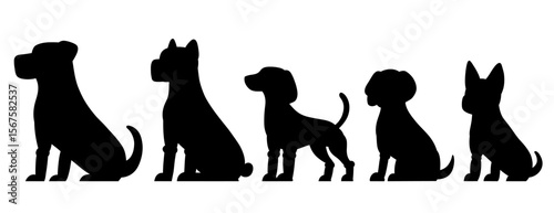 Vector set of black silhouette of mechanical dogs various breed. Collection of monochrome robot puppies clip arts. Animals of the future for cards and stickers
