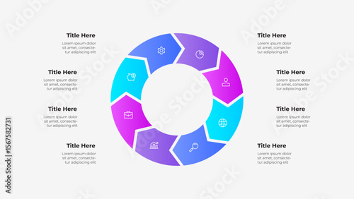 Circular Infographic with Gradient 8 Sections and Placeholder Text Labels. Suitable for business, data representation, and presentations
