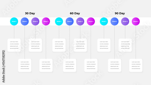 Timeline infographic illustrating 30-day, 60-day, and 90-day goals and tasks by weeks. Perfect for visualizing project management strategies, goal setting, and plan implementation