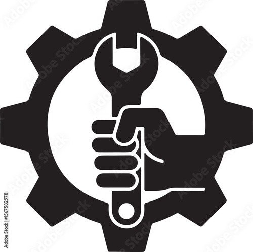 Businessman hand holding a key and wrench, an icon of business success