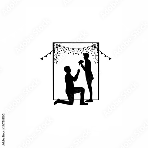 Silhouette of a man proposing with ring in party on white background