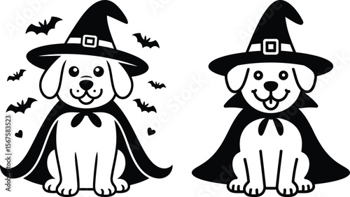 Halloween dog with witch hat and cape silhouette vector in cartoon spooky theme style