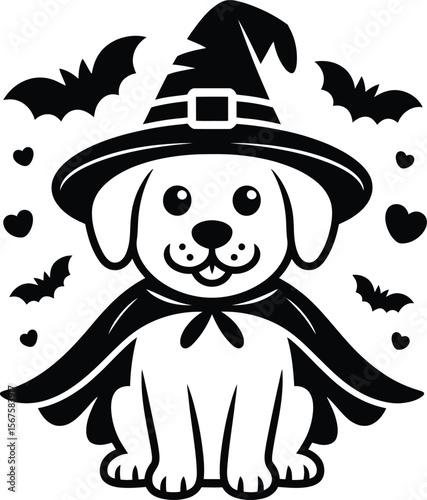 Smiling funny halloween dog with witch hat, cloak and decorative bats silhouette vector art