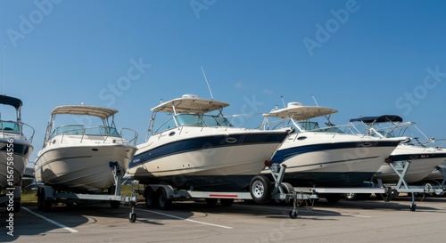Several motorboats on trailers in a parking lot under a clear sky