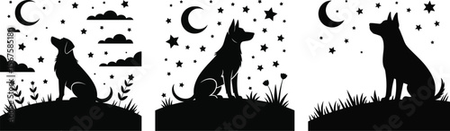 Group of dogs sitting under night sky with moon and stars silhouette vector collection
