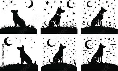 Night scene of dog sitting under moon and stars in grass landscape silhouette vector illustration