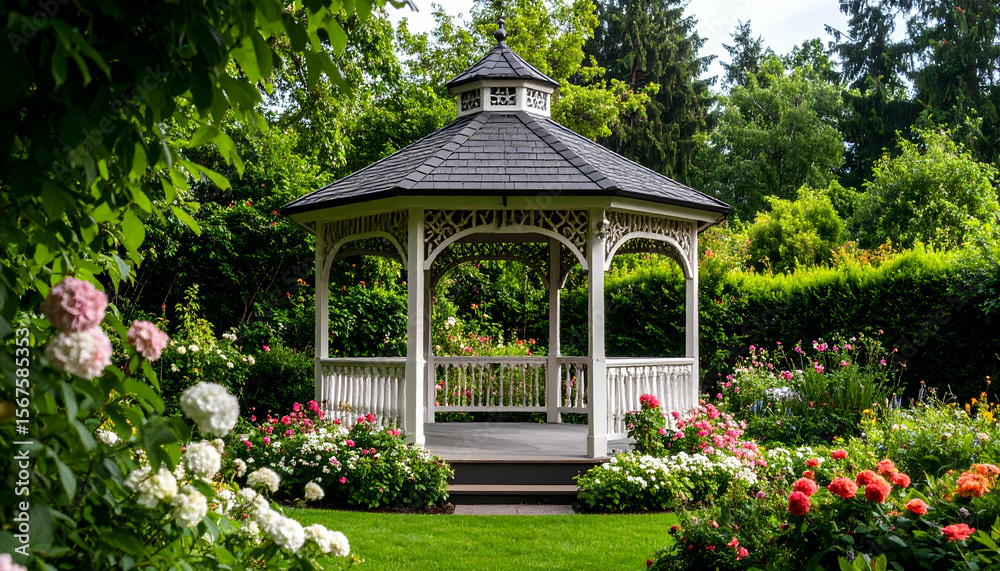 Fototapeta premium White Gazebo in Blooming Garden.