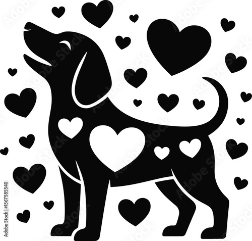 Canine silhouette vector under dreamy night sky full of stars and floral element around hill