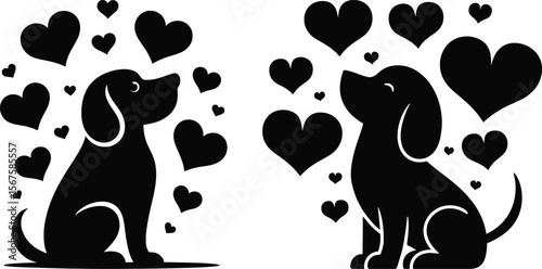 Dogs sitting in flowers under crescent moon and sky full of stars silhouette vector art