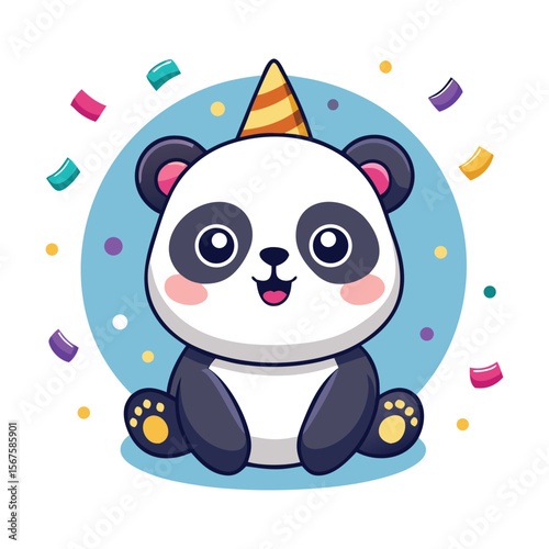 Kawaii Style Panda with Party Hat and Confetti