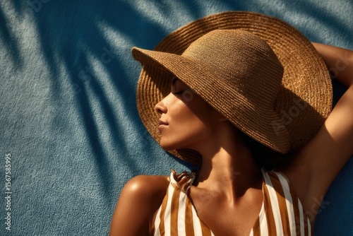 top view of a woman sunbathing on the beach