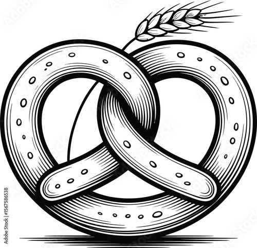 Vector Black and White Pretzel with Wheat Stalk, Traditional Baked Good..