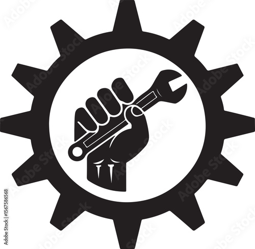 Businessman hand holding a key and wrench, an icon of business success