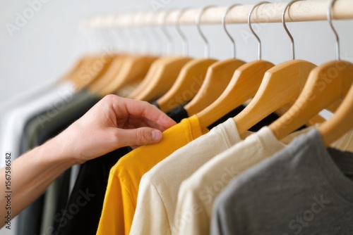 A woman hand is picking up t shirts from the rack