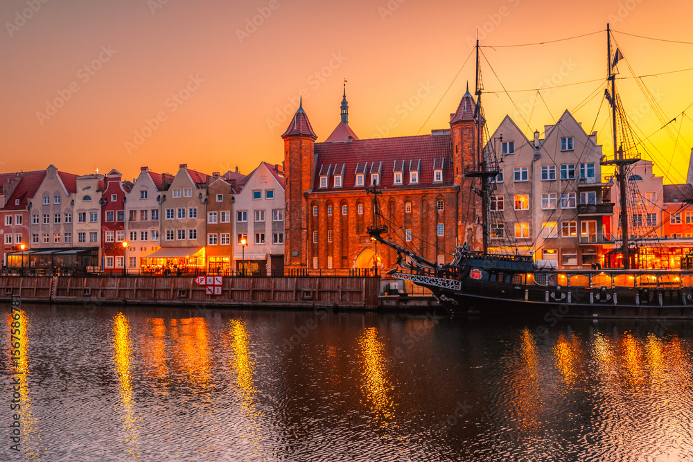 Obraz premium Gdansk with Motlawa river in Poland. Old town colourful house with Stragania Gate