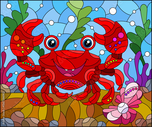 illustration in the style of a stained glass window with a cute crab on a background of algae and water