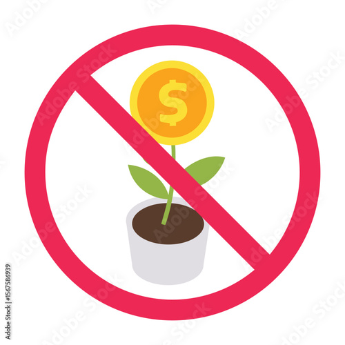 No money tree sign, forbidden financial growth icon, money plant prohibited symbol, no investment growth allowed, no passive income tree sign
