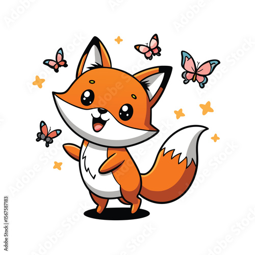 Little Fox Playing With Butterflies Black Line Art