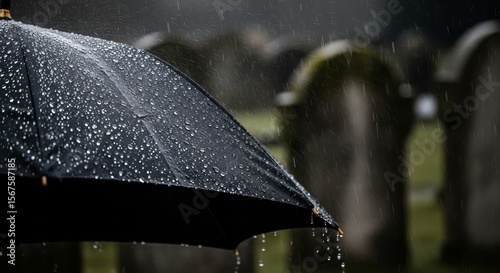 Rainy Day Umbrella Close Up with Water Droplets in Dark Gloomy Weather