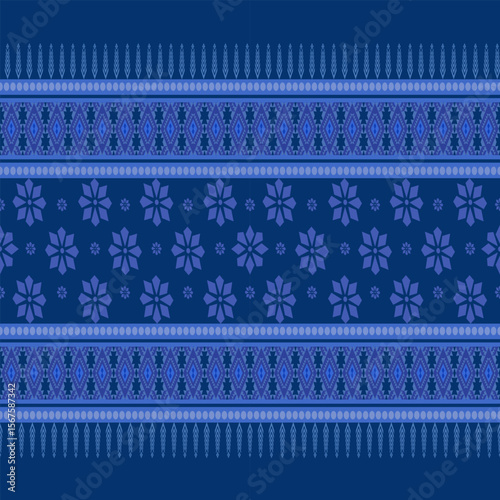 Seamless Winter Ethnic Floral Pattern, Blue Nordic Geometric Textile Design