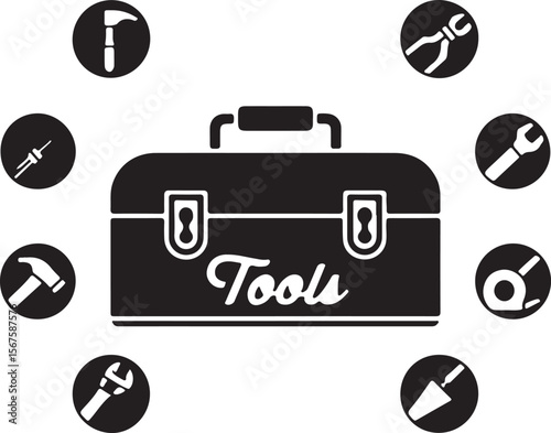 A tool plus, wrench, hammer, setting bag flat vector set of business and tools design icons set,