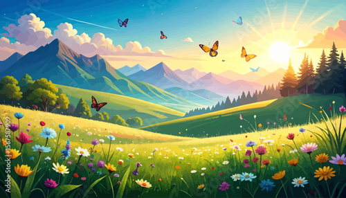 Vibrant Meadow Scene with Butterflies, Mountains, and a Glowing Sunrise