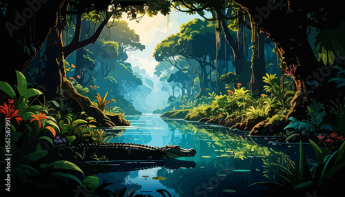 Alligator lurking in the river of a lush, vibrant, tropical rainforest