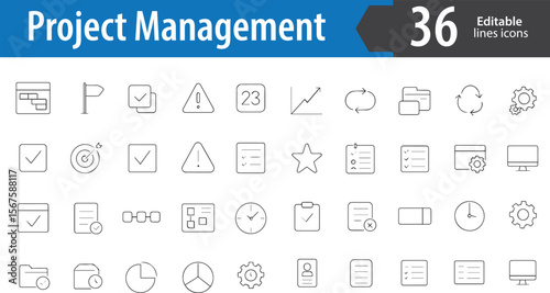 Project Management Line Icons, Task List, Timeline, Collaboration, Gantt Chart, Workflow, Editable Formats: AI, EPS, PNG, JPG, Ideal for Both Digital and Print Use
