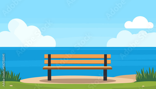 Serene Beachfront Bench with Ocean View and Fluffy Clouds
