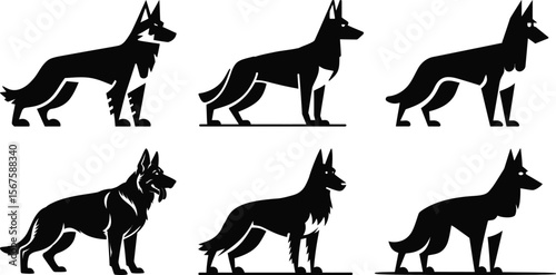 Stylized german shepherd dog collection in standing pose silhouette vector cartoon series
