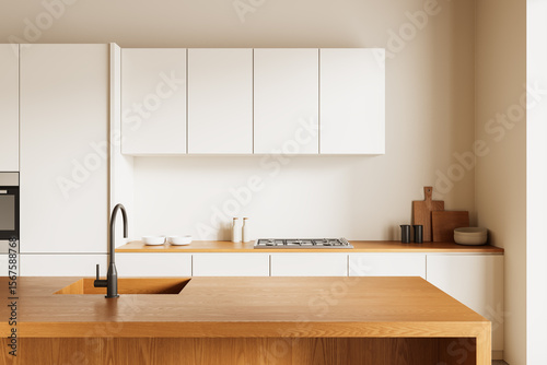 Minimalist kitchen interior design with white cabinets and wooden countertops in neutral tones, modern furnishing concept with natural lighting and details. 3D Rendering