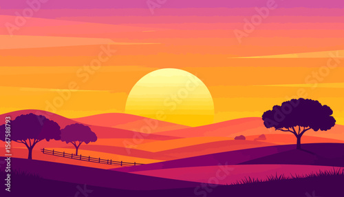 Vibrant sunset landscape with rolling hills, silhouetted trees, and a rustic fence