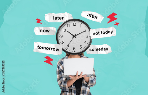 Bild auf Leinwand Surreal procrastination concept with person holding laptop and c