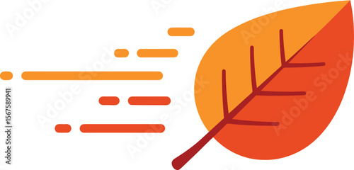 An autumn leaf propelled by a stylized wind, depicted in warm orange and red tones.