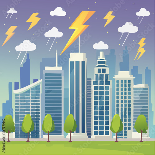 lightnings over modern city with skyscrapers