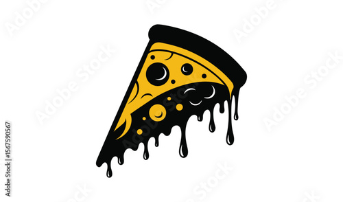 Stylized slice of pizza with dripping black cheese and yellow toppings