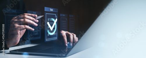 Canvastavla Digital tax form submission concept with holographic checklist and hands using stylus and laptop on futuristic user interface screen background