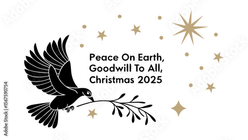 Elegant black dove carrying a green olive branch with a message of peace on earth goodwill to all for christmas 2025 surrounded by golden stars and dots