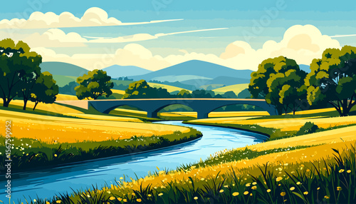 Serene River Landscape with Arched Bridge and Golden Fields Illustration