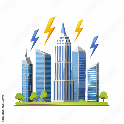 lightnings over modern city with skyscrapers