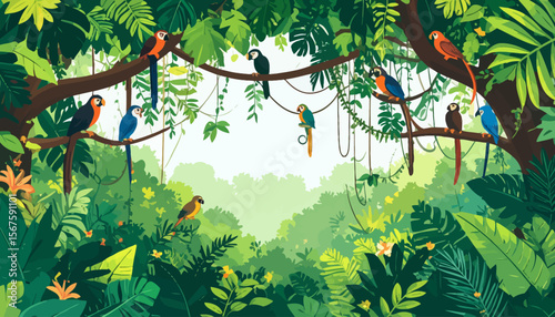 Vibrant Macaws Perched Amidst Lush Tropical Foliage