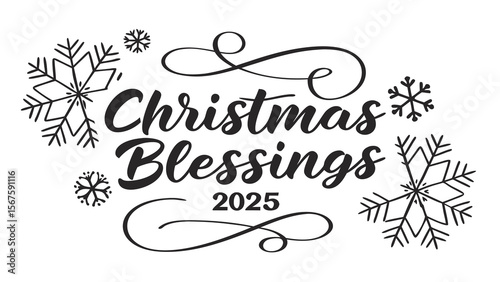 Elegant christmas blessings 2025 greeting with decorative snowflakes and ornate swirls in black and white